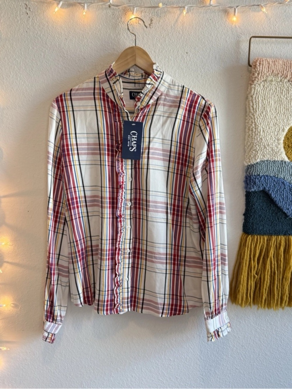 NWT Chaps Top Women’s Size M Plaid Ruffle Blouse Long Sleeve Classic Preppy